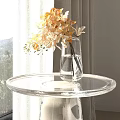 Decorative Ornament Set With Transparent Vase Yellow White Orchids On Round Glass Table Mountain View