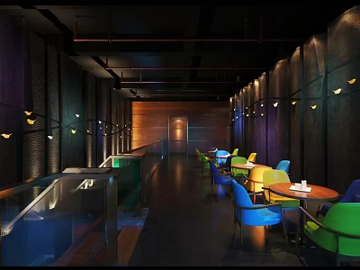 Vibrant Coffee Shop Interior With Colorful Chairs Wooden Tables And Warm Lighting 3d model