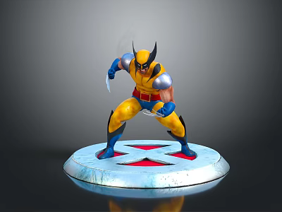 Wolverine Character Statue In Yellow Blue Costume With Claws And Red X Logo Base 3d model