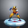 Wolverine Character Statue In Yellow Blue Costume With Claws And Red X Logo Base