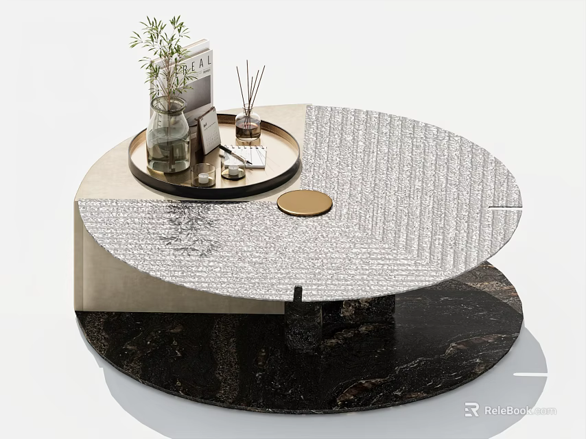 Round Coffee Table With Patterned Surface Marble Base And Decorative Tray With Green Plant Books 3d model 