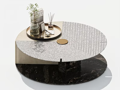 Round Coffee Table With Patterned Surface Marble Base And Decorative Tray With Green Plant Books 3d model