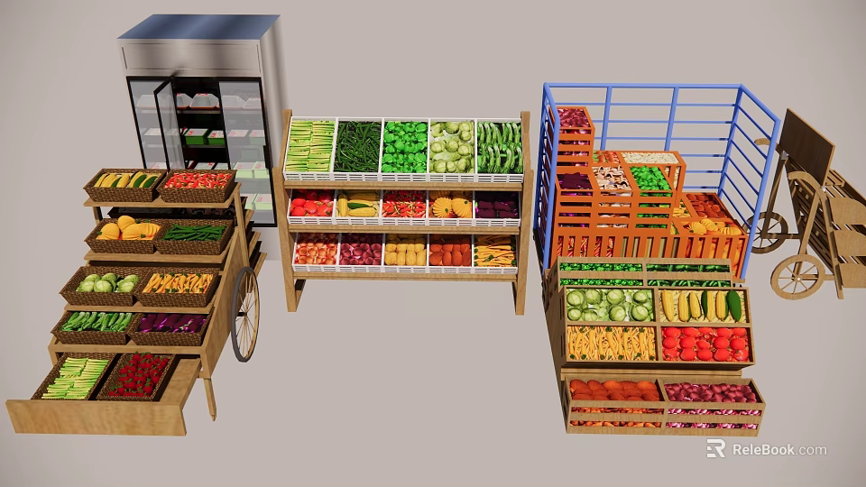 Fresh Fruits And Vegetables Display On Wooden Shelves With Refrigerator And Crates 3d model 