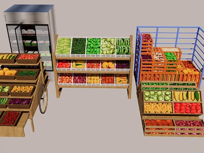 Fresh Fruits And Vegetables Display On Wooden Shelves With Refrigerator And Crates 3d model
