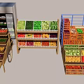Fresh Fruits And Vegetables Display On Wooden Shelves With Refrigerator And Crates