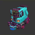 Turquoise Computerized Cleaning Robot With Yellow Lights Black Roof And Red Wheels