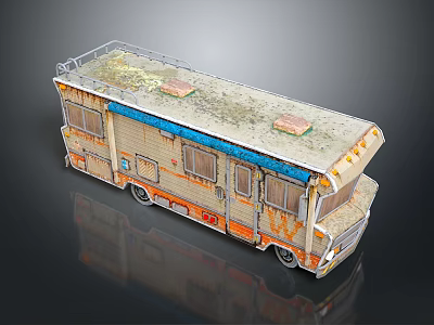 Rusty Old Recreational Vehicle With Worn Exterior Brown Blue Orange Windows And Damaged Roof 3d model