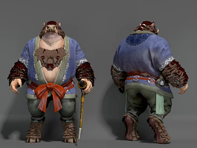 Game Fantasy Character In Blue Robe With Red Bow Belt And Staff Front Back View 3d model