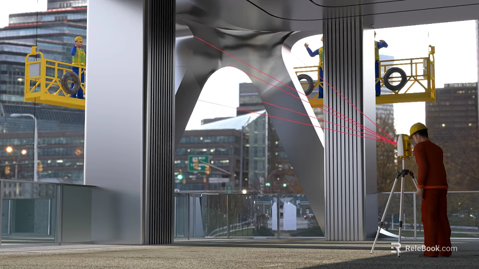 Modern Urban Building Complex Under Construction With Workers On Scaffolding And Laser Equipment 3d model 