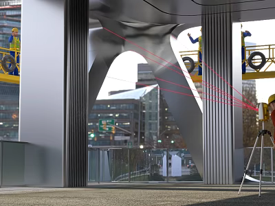 Modern Urban Building Complex Under Construction With Workers On Scaffolding And Laser Equipment 3d model