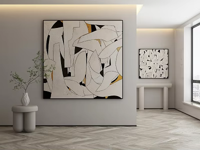 Modern Abstract Painting With Black White Gold Geometric Patterns In Minimalist Interior 3d model