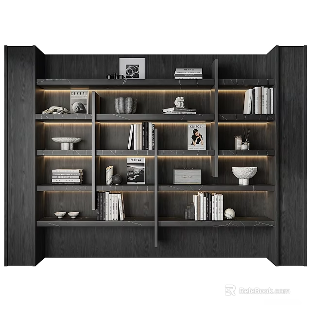 Modern Dark Wooden Bookcase With Open Shelves Books Vases Bowls And Frames 3d model 
