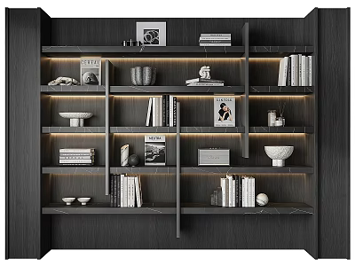 Modern Dark Wooden Bookcase With Open Shelves Books Vases Bowls And Frames 3d model