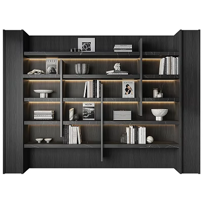 Modern Dark Wooden Bookcase With Open Shelves Books Vases Bowls And Frames 3d model