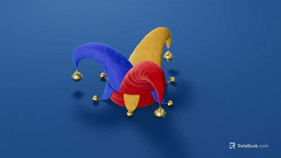 Colorful Jester Hat with Blue Yellow Red Sections and Gold Bells on Blue Background 3d model 