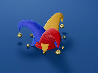 Colorful Jester Hat with Blue Yellow Red Sections and Gold Bells on Blue Background 3d model