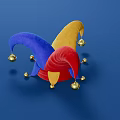 Colorful Jester Hat with Blue Yellow Red Sections and Gold Bells on Blue Background