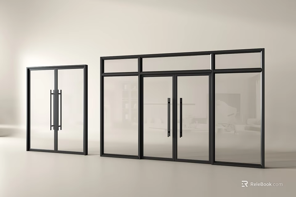 Stylish Modern Glass Double Doors With Black Frame For Home Interior 3d model 