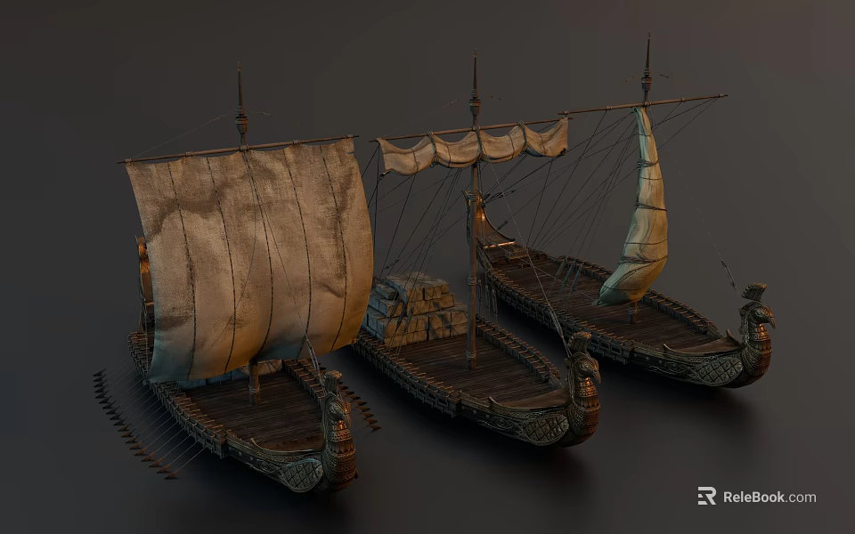 Ancient Sailing Ships With Weathered Sails Ornate Carvings And Wooden Hulls 3d model 