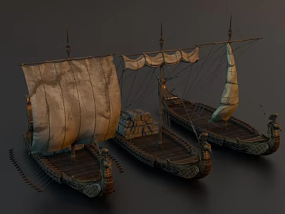Ancient Sailing Ships With Weathered Sails Ornate Carvings And Wooden Hulls 3d model