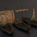 Ancient Sailing Ships With Weathered Sails Ornate Carvings And Wooden Hulls