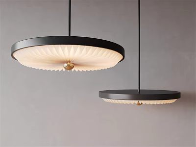 Two Modern Circular Pendant Lights With Black Frame And White Shade Hanging Against Grey Wall 3d model