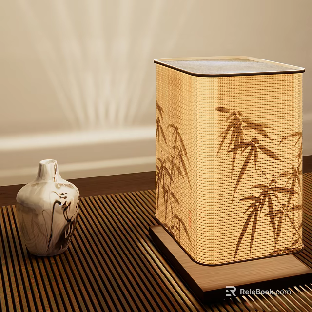 Bamboo Woven Table Lamp With Bamboo Leaf Pattern Casting Shadow On Wall For Home Decor 3d model 