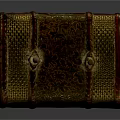 Vintage Wooden Chest With Carved Patterns Gold Accents And Metal Clasps