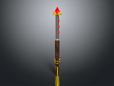 Magical Staff With Red Gemstones Golden Decorations And Wooden Handle 3d model