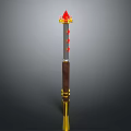 Magical Staff With Red Gemstones Golden Decorations And Wooden Handle