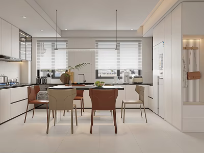Modern Kitchen Interior Design With White Cabinets Dining Table Chairs And Pendant Lights 3d model