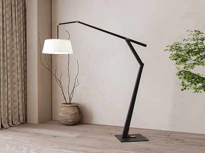Modern Black Floor Lamp With White Lampshade In Wooden Interior With Vase And Green Plant 3d model