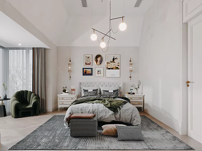 Modern Bedroom Interior Design With Pendant Lights Framed Artworks And Green Armchair 3d model
