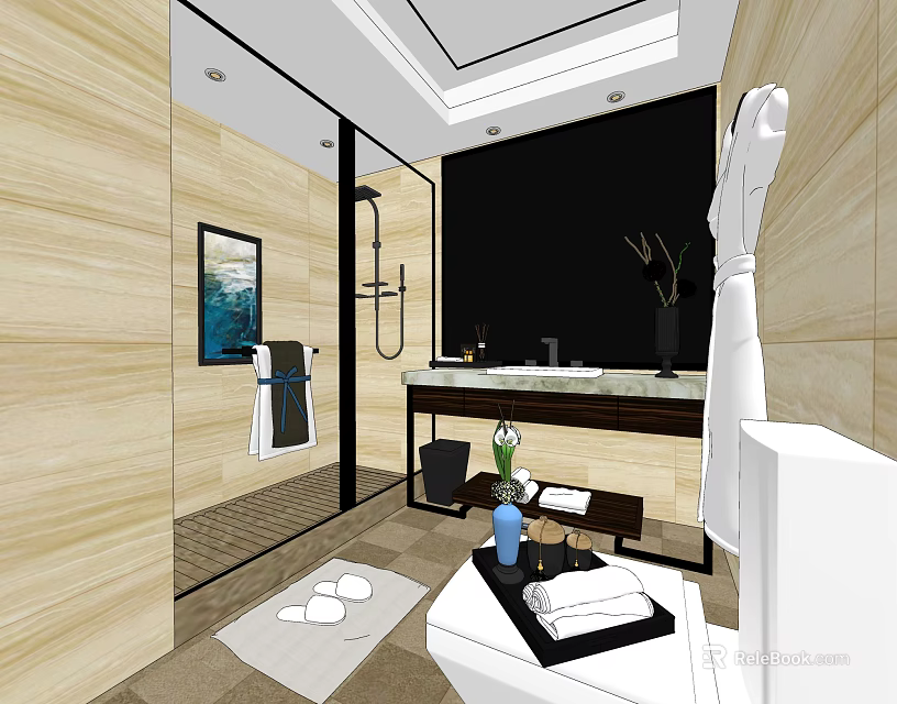 Modern Hotel Bathroom Interior With Marble Countertop Glass Shower And Towels 3d model 