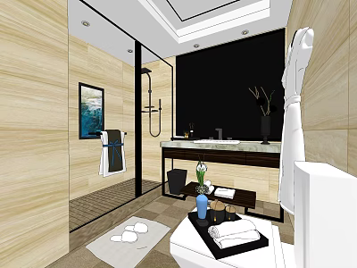 Modern Hotel Bathroom Interior With Marble Countertop Glass Shower And Towels 3d model