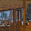 Vacation Rental House With Triangular Roof Wooden Structure Large Glass Windows Patio And Stone Base