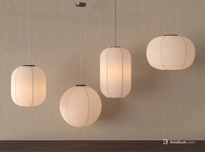 Hanging Cream White Paper Lanterns In Round And Oval Shapes On Light Beige Wall 3d model 