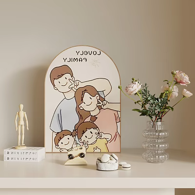 Decorative Ornament Set With Family Illustration Arched Board Pink Flowers Transparent Vase And Wooden Figure 3d model
