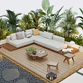 Courtyard Garden With L Shaped White Sofa Cushions Tropical Plants And Wooden Deck