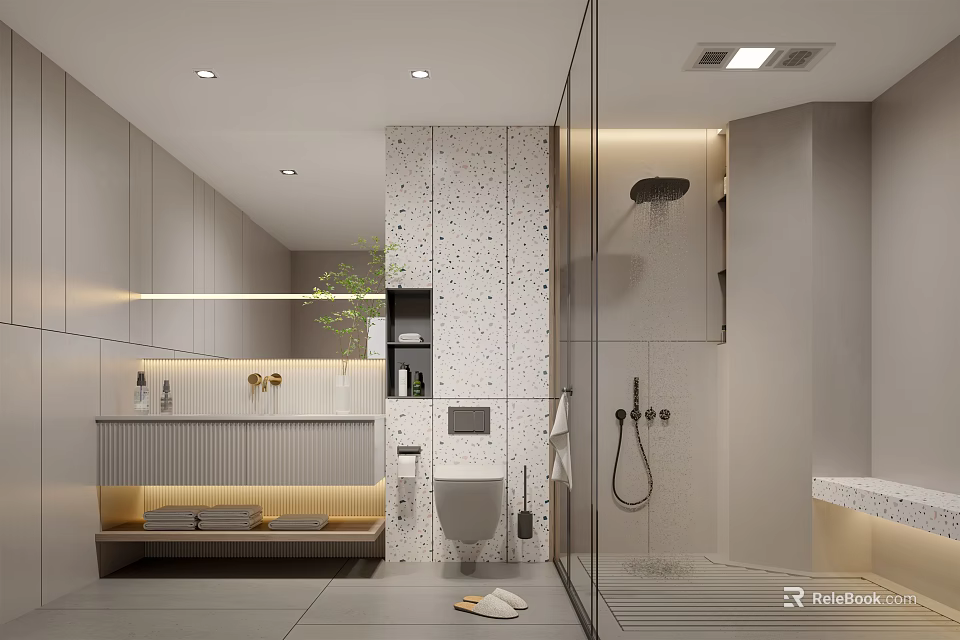 Modern Bathroom Interior Design With Glass Shower Vanity And Recessed Lighting 3d model 