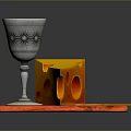 Yellow Cheese Slices with Holes on Red Mat and Silver Goblet