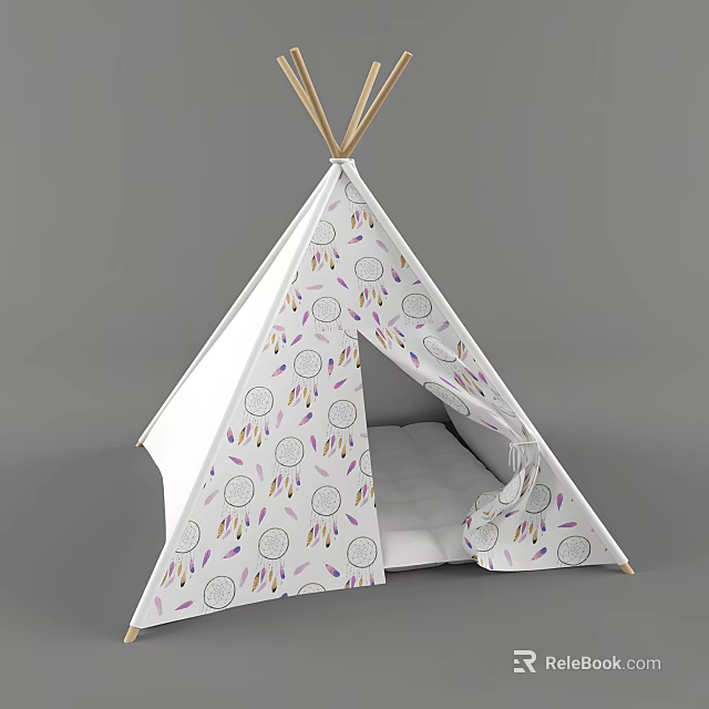 Kids Teepee Tent White With Dreamcatcher Patterns And Soft Mat Inside 3d model 