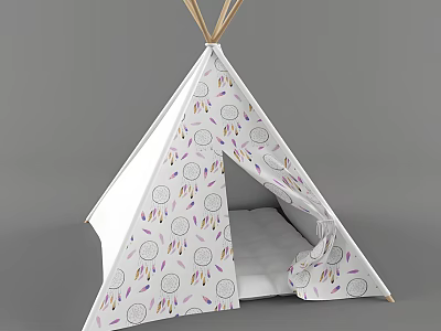 Kids Teepee Tent White With Dreamcatcher Patterns And Soft Mat Inside 3d model