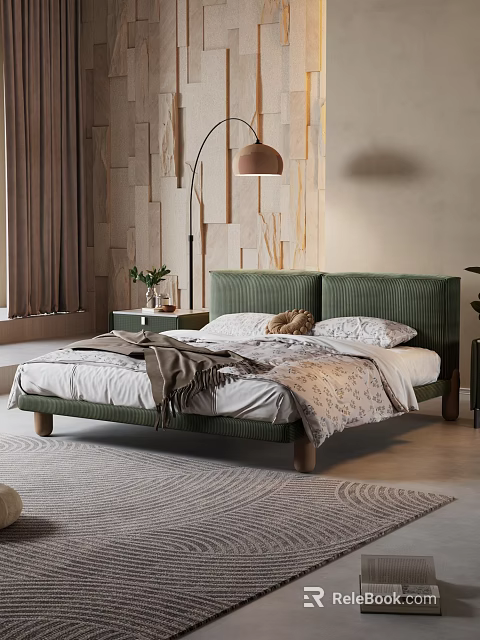 Green Velvet Double Bed with Wooden Legs Nightstand Floor Lamp and Wooden Textured Wall 3d model 