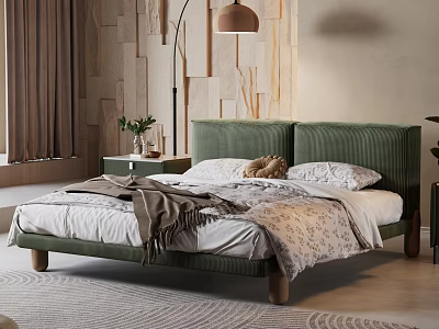 Green Velvet Double Bed with Wooden Legs Nightstand Floor Lamp and Wooden Textured Wall 3d model