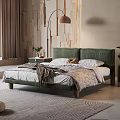 Green Velvet Double Bed with Wooden Legs Nightstand Floor Lamp and Wooden Textured Wall