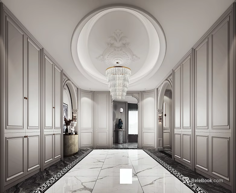 Luxurious Storefront Reception Area With Marble Floor And Crystal Chandelier 3d model