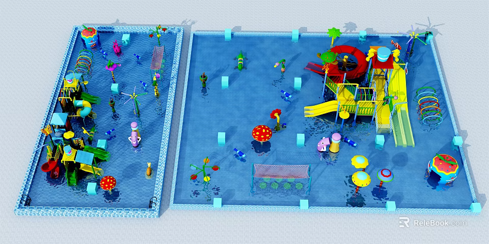 Colorful Water Park Play Equipment With Slides Mushroom Facilities And Children Playing 3d model 
