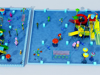 Colorful Water Park Play Equipment With Slides Mushroom Facilities And Children Playing 3d model