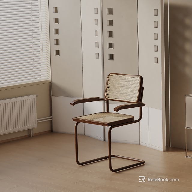 Modern Rattan Dining Chair With Brown Frame Armrests And Metal Legs In Minimalist Interior 3d model 